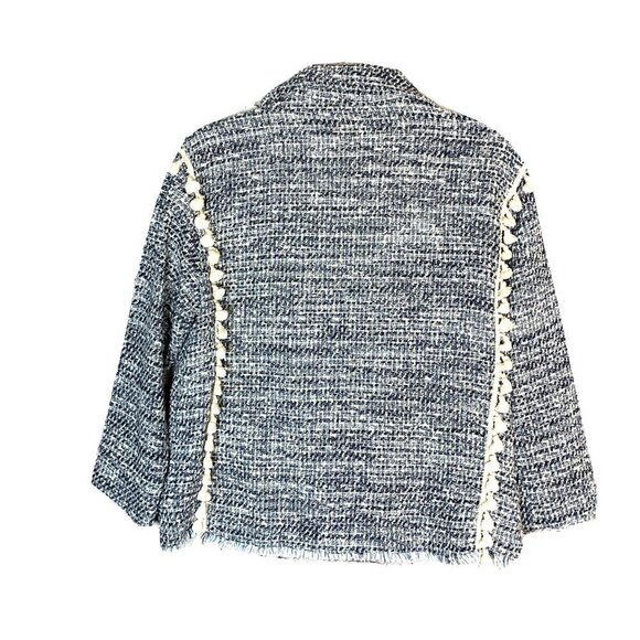 ZARA Oversize Tweed Blue and White Fringe Tassels Blazer Jacket - Picture 6 of 11